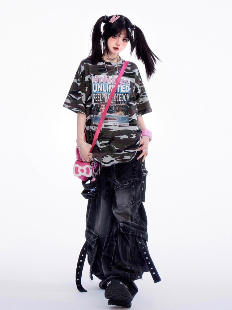 迷彩柄ラウンドネックレタープリントヴィンテージルーズTシャツ