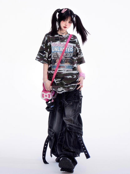 迷彩柄ラウンドネックレタープリントヴィンテージルーズTシャツ