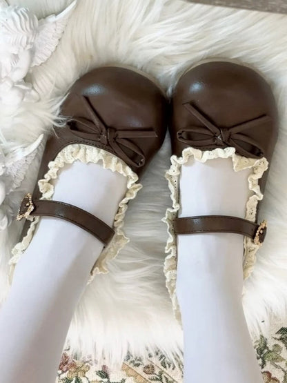 Sweet Janes Low-heel Mary Dark Closure Heart with Lace Lolita Trim Snap Brown
