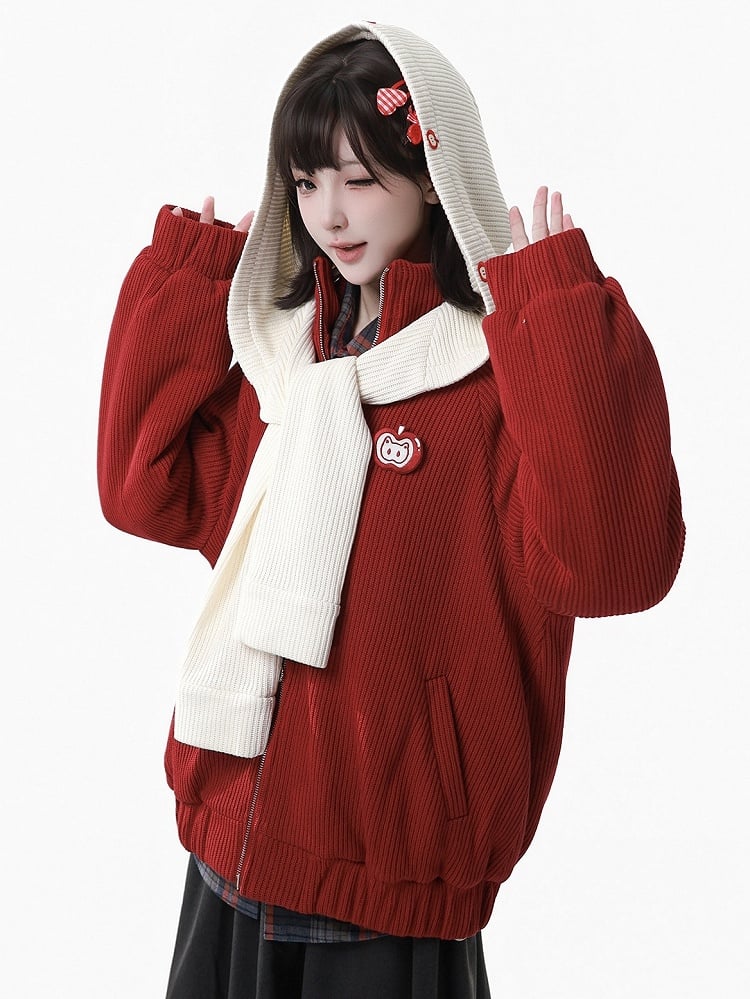 Red - Knit Patch Jacket Banded Brooch Apple Collar