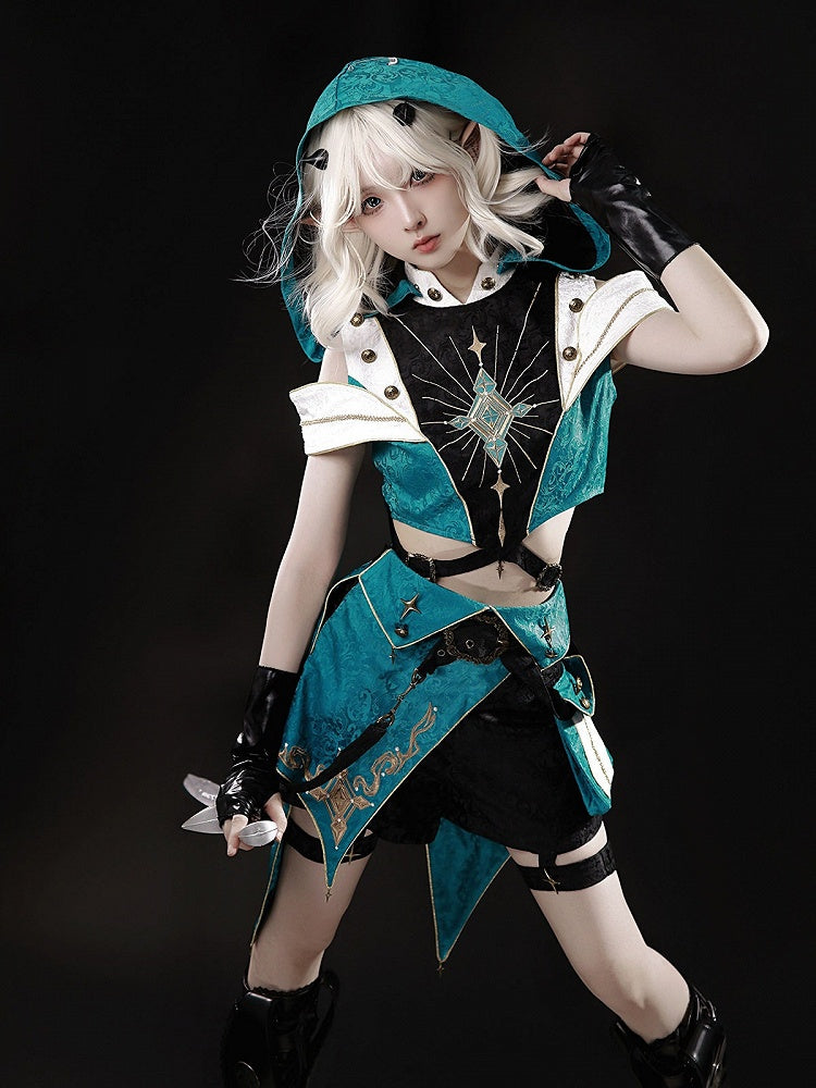 Prince Style Teal Cutout Hooded Lolita Crop Top with Metal Buttons - Xiong Dou Jiang