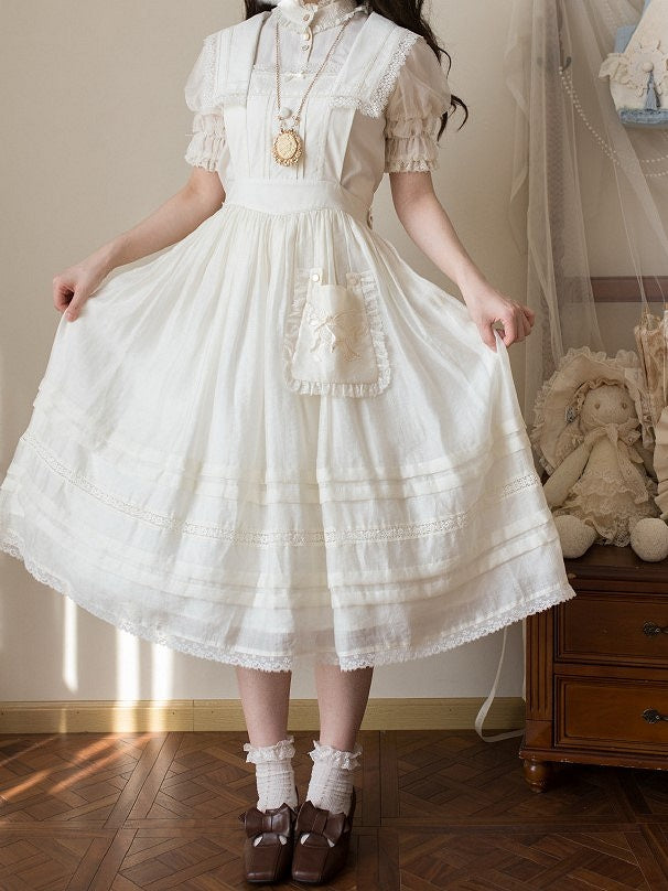 Accent and Pocket Overall Beige Dress Sailor Trim Lace Lolita with