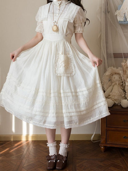 Accent and Pocket Overall Beige Dress Sailor Trim Lace Lolita with