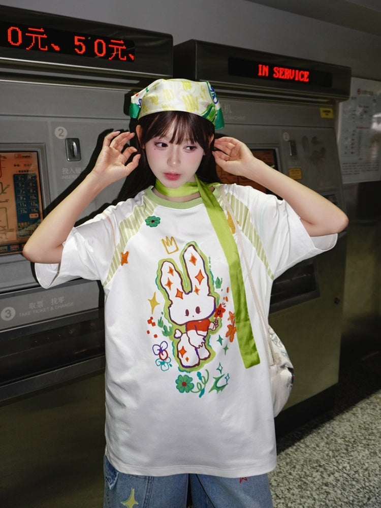 T-shirt White Round Neck Loose Cartoon Bunny Print