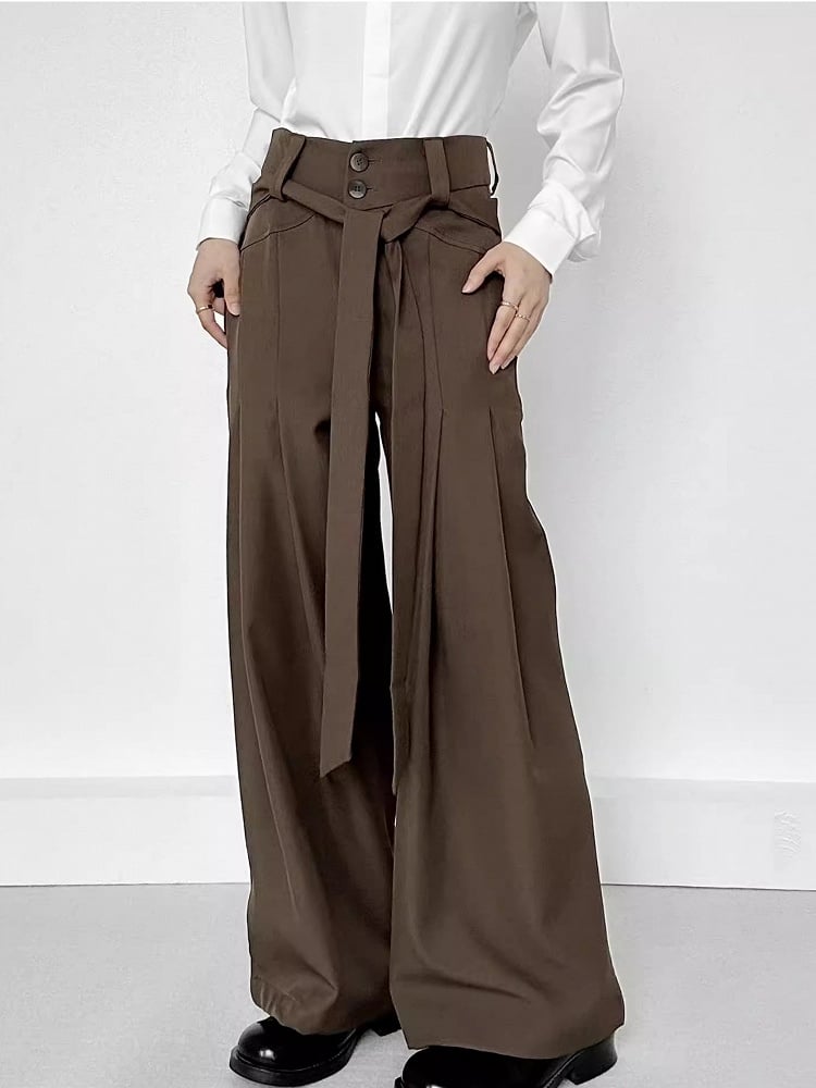 Two-Button Side Ouji Fly Wide-Leg Lolita Coffee with Ribbons Pants