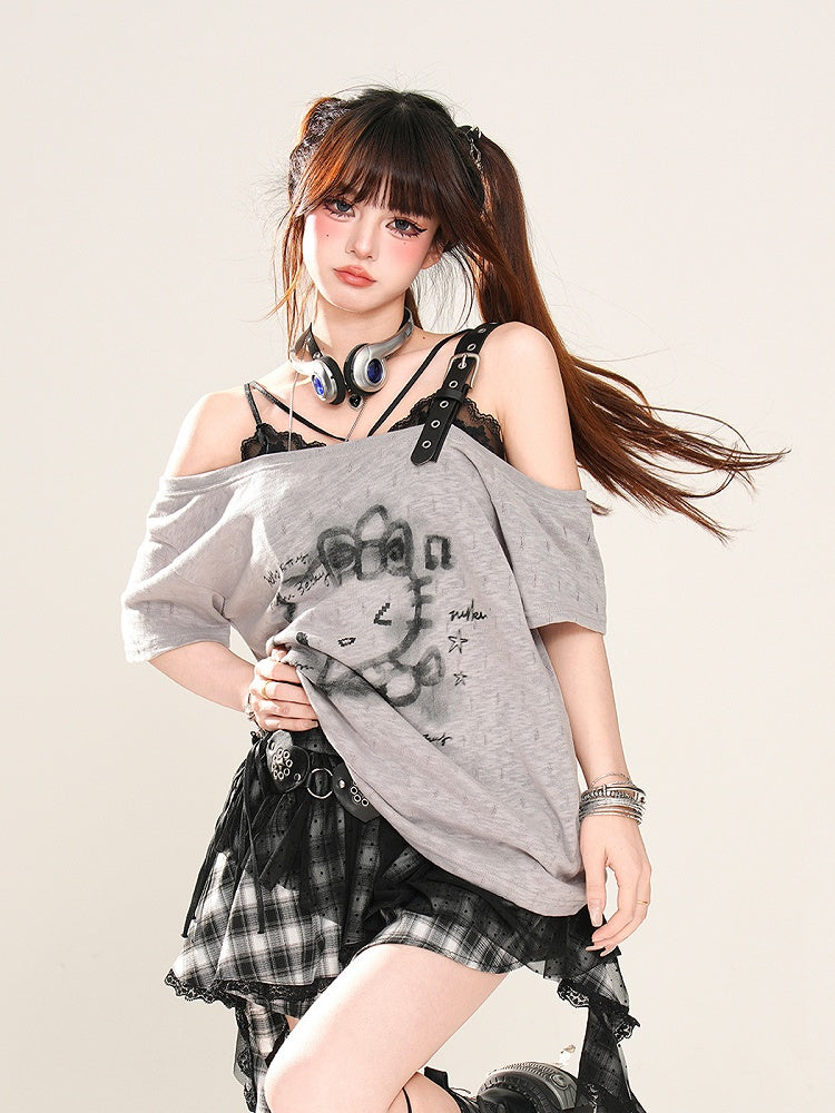 Semi-sheer Asymmetrical Neckline Buckle Strap T-Shirt Kitty Print Black/White/Gray