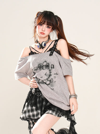 Semi-sheer Asymmetrical Neckline Buckle Strap T-Shirt Kitty Print Black/White/Gray