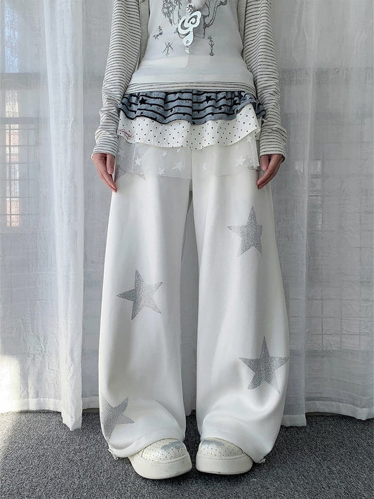 White Rhinestone Y2K Wide-Leg Pants Hotfix Star