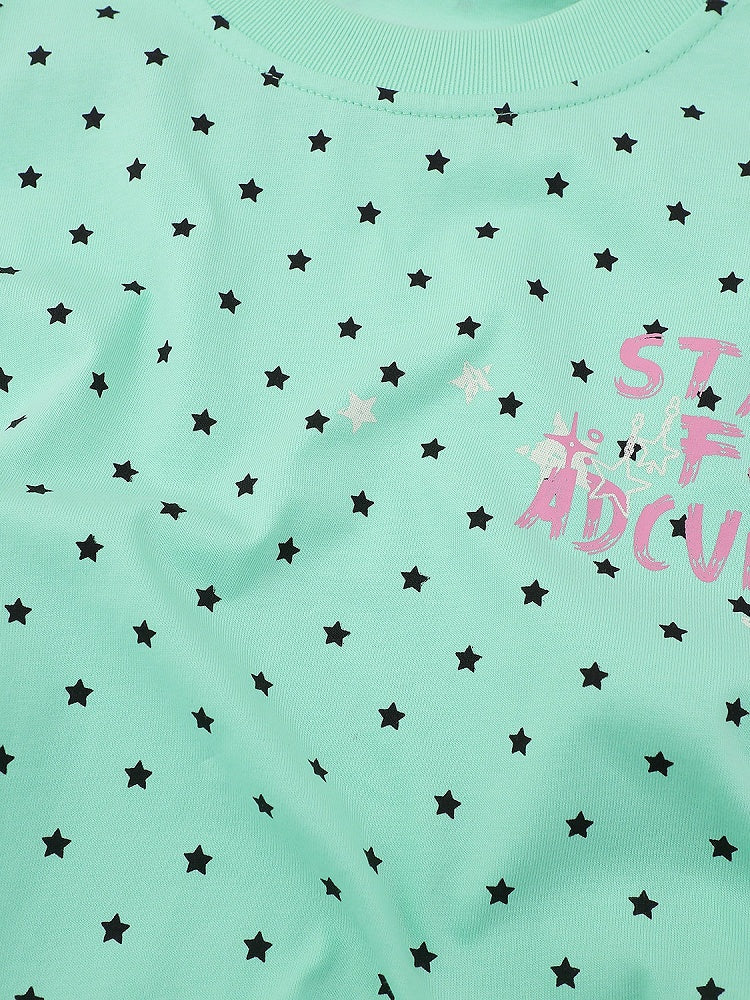 Green Star Print Tee with Stripe Shawl and Hairclip - Languid Park