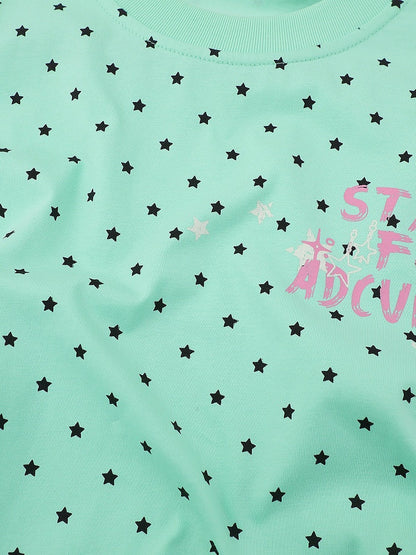 Green Star Print Tee with Stripe Shawl and Hairclip - Languid Park