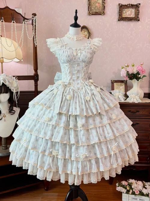 Vintage Blue Floral Lolita JSK Dress Long Layered Ruffle Edition - Loli Cat