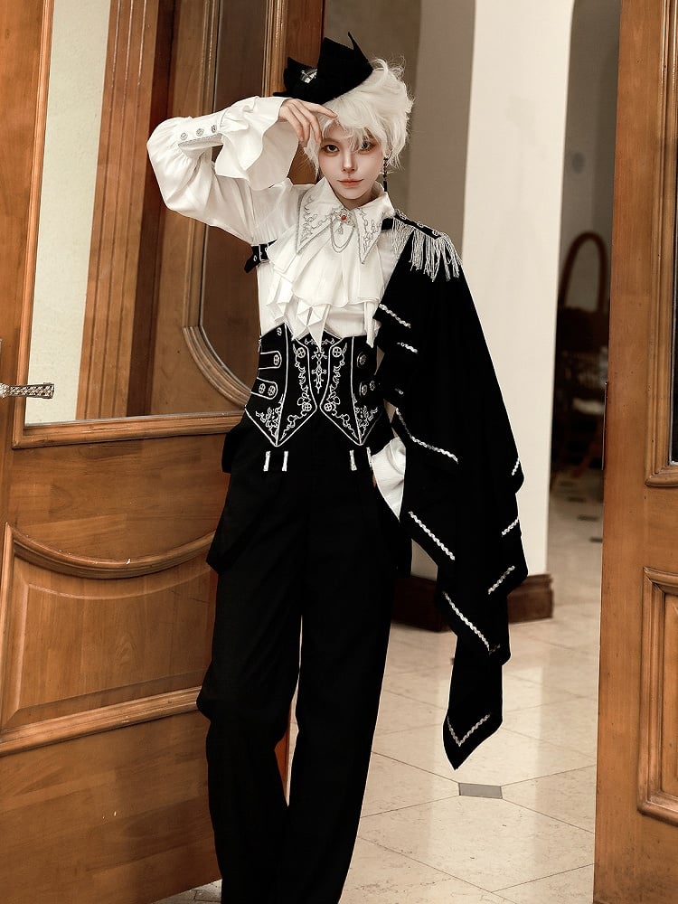 Belt+Black Corset Lolita Pants Pieces Three Prince Shirt+Embroidered Cape Set-One-Shoulder Ouji