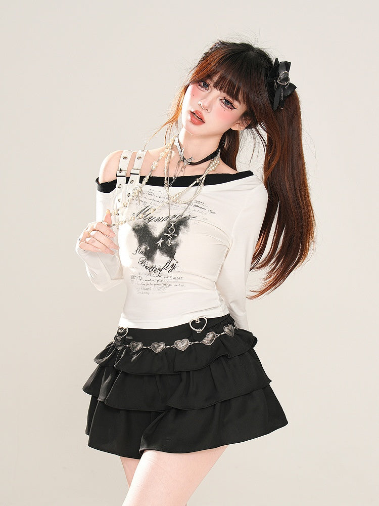 Grafisches Top Enigmatic Night Butterfly Schwarz/Weiß Asymmetrischer Ausschnitt Schnallenträger Glamourös