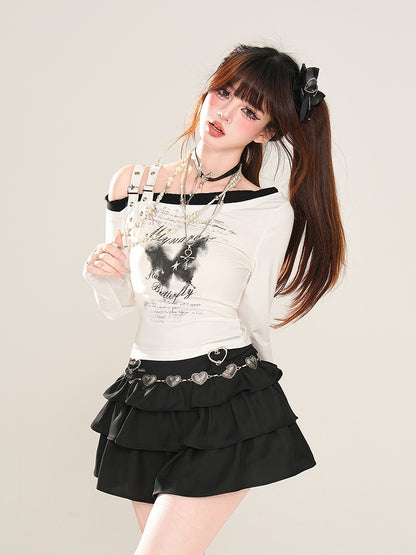 Grafisches Top Enigmatic Night Butterfly Schwarz/Weiß Asymmetrischer Ausschnitt Schnallenträger Glamourös