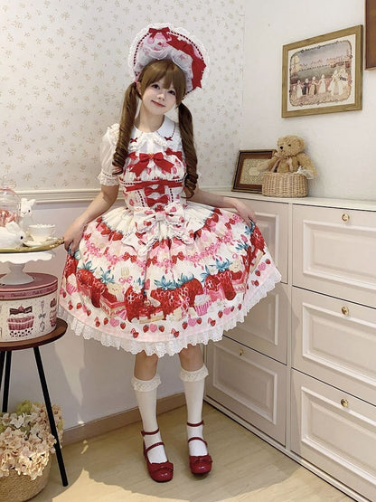 Süßes Lolita-Kleid mit Erdbeer-Dessert und weißem Aufdruck