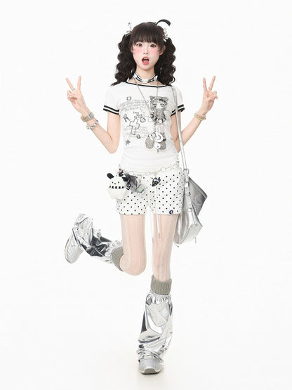 White Polka Dot Drawstring Shorts - Languid Park