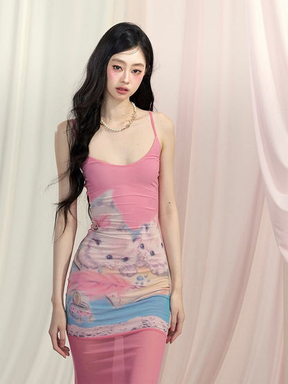 ピンクのキュートな猫柄ボディコンスカート スリップドレス マーメイド