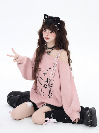 ブラック/ピンクのアシンメトリーネックライン、ハートバックル、クロス刺繍スウェットシャツ