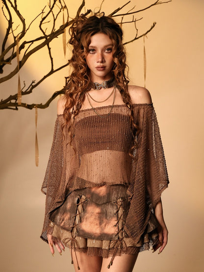 Brown Lace-Up Denim Skirt with Pleats and Shorts - Virtual Orbit