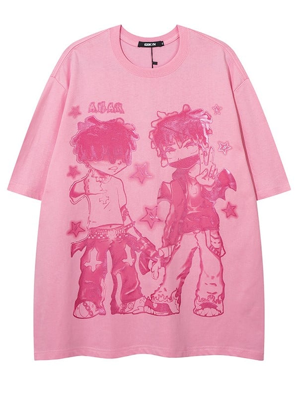 Loose-Fit Anime Character Graphic Tee - Flattering and Stylish White/Black/Pink
