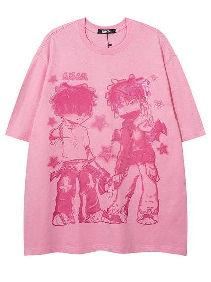 Loose-Fit Anime Character Graphic Tee - Flattering and Stylish White/Black/Pink
