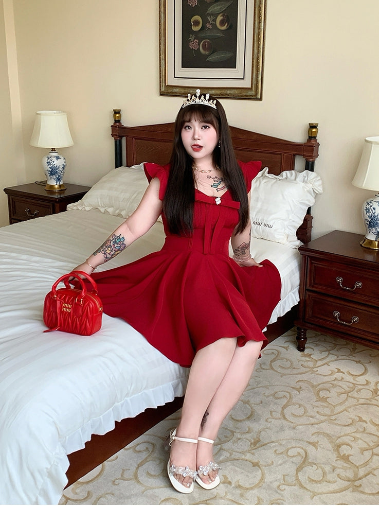 Plus Size V-Ausschnitt Kleid Flatterärmel Große Schleife Vorne Rot
