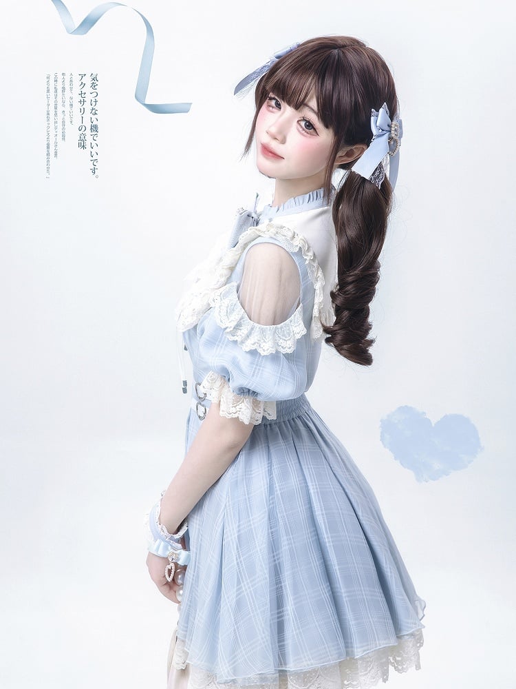 Blue Plaid and Neckline Lace-up with Cutout Kei Light Dress Jirai Shoulder
