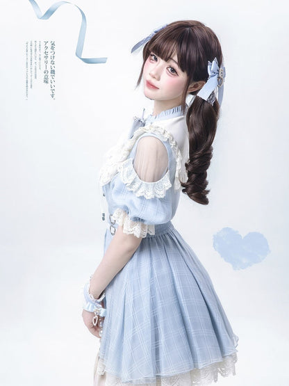 Blue Plaid and Neckline Lace-up with Cutout Kei Light Dress Jirai Shoulder
