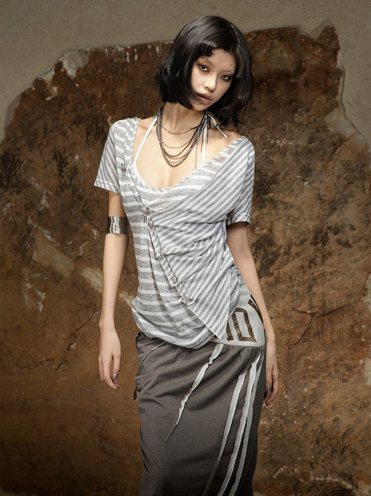 Vintage Punk White and Gray Striped Cowl Neck Short Sleeve Top with Asymmetrical Design - ARIADNAw