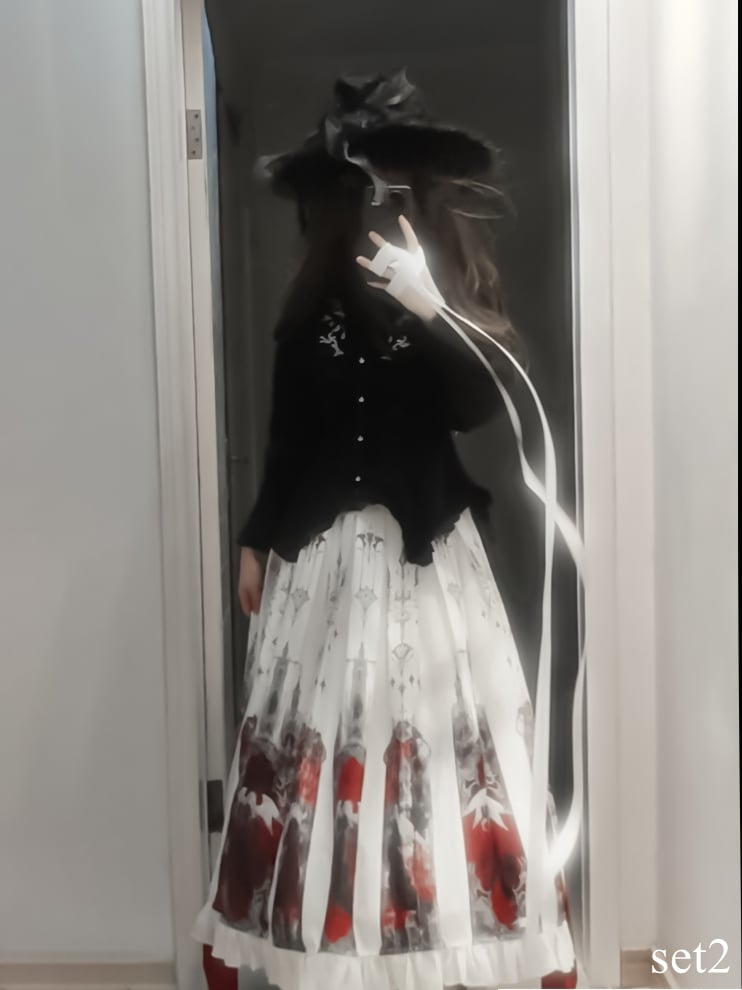 Skirt and White Set Angel Blouse Box Gothic Pleat Printed Ruffled Red