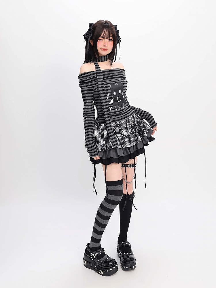 Grau gestreiftes Oberteil, schwarzer Ausschnitt und Schal mit Bittersweet-Kitten-Print, schulterfrei