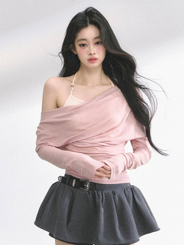 Pink/Khaki Asymmetrical Neckline Top Faux Two-pieces