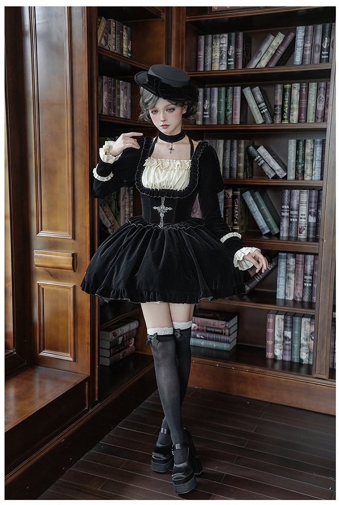 Autumn/Winter Lolita Waist + Brooch Boned for Choker Black Velvet Dress Set Version Bow Basque Short Hat
