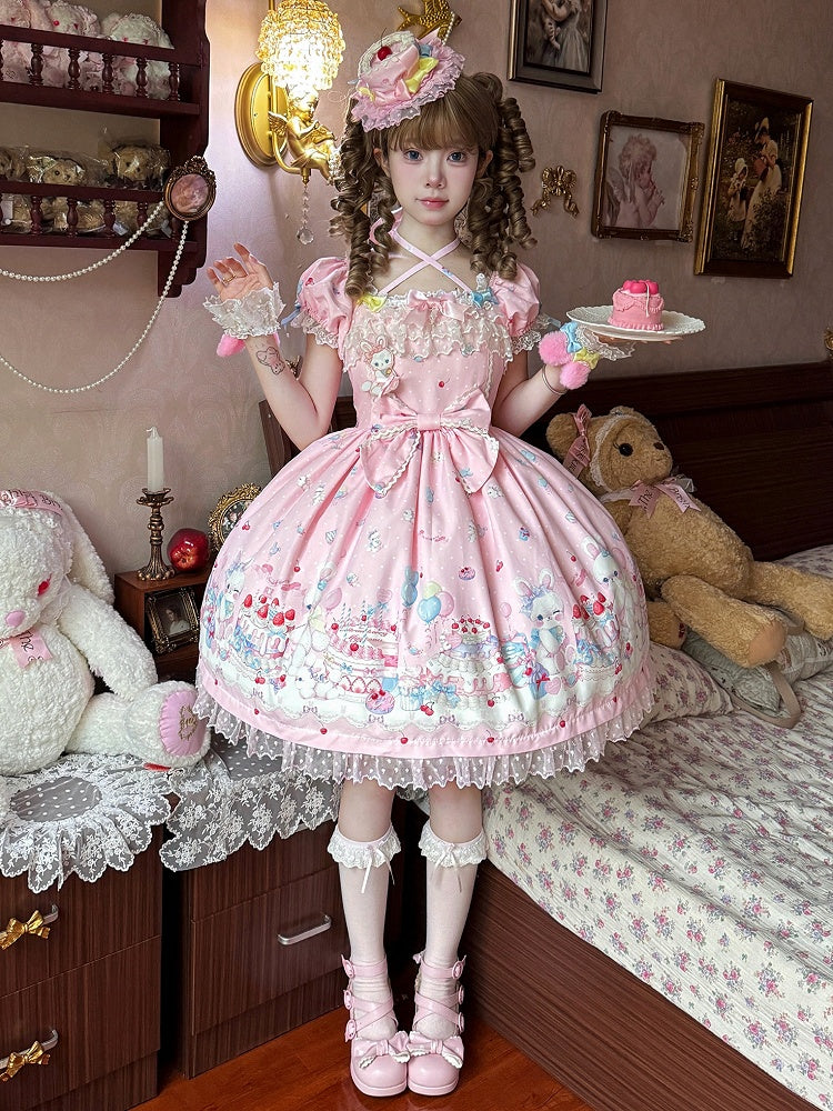 ピンクのバニーとケーキプリントのスイートロリータショートパフスリーブドレス