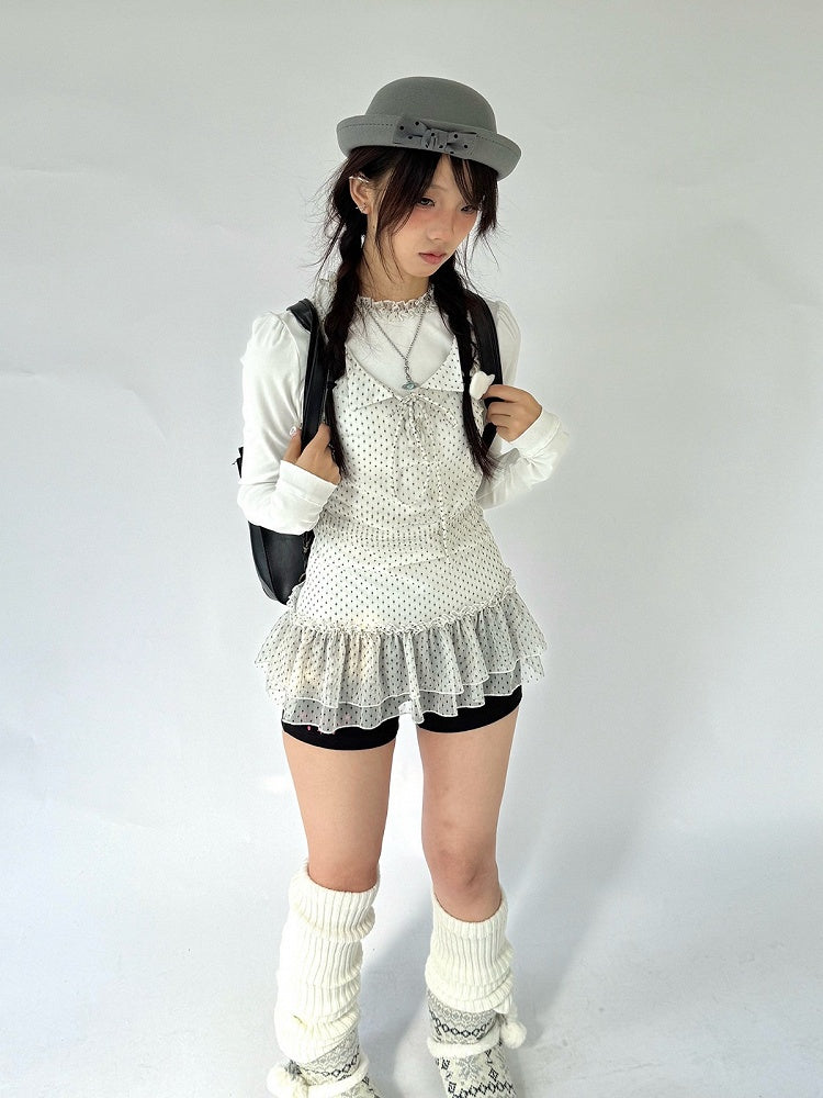 Ruffled Long Two-Piece White with Polka-Dot Lace Fake Trim Shirt Sleeve