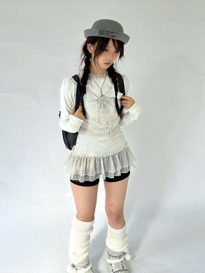 Ruffled Long Two-Piece White with Polka-Dot Lace Fake Trim Shirt Sleeve