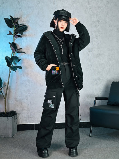 Embroidered Gothic Pockets Cheongsam Eyeball Cargo Cuffs with Black Drawstring Pants