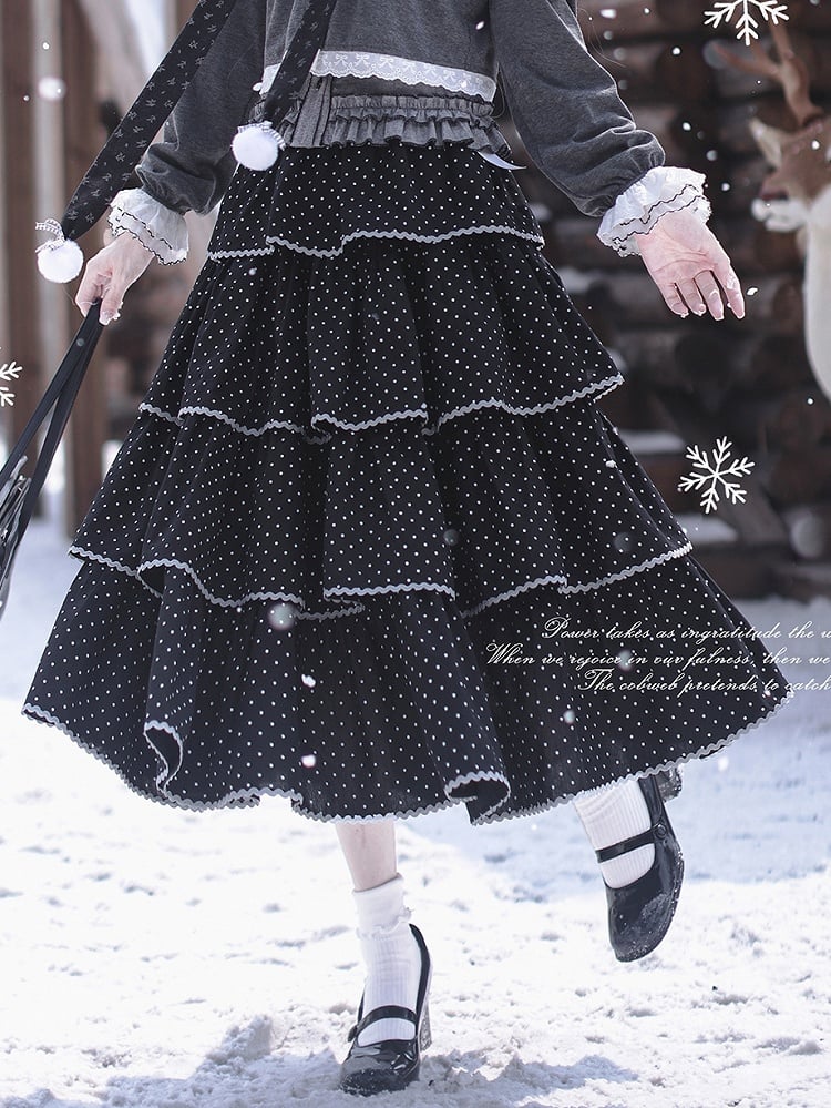Tiered Dot Skirt Polka Tea Length Black