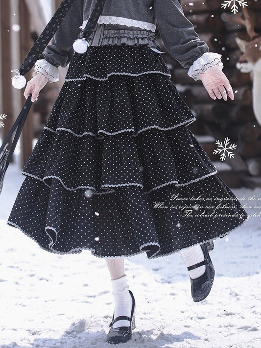 Tiered Dot Skirt Polka Tea Length Black