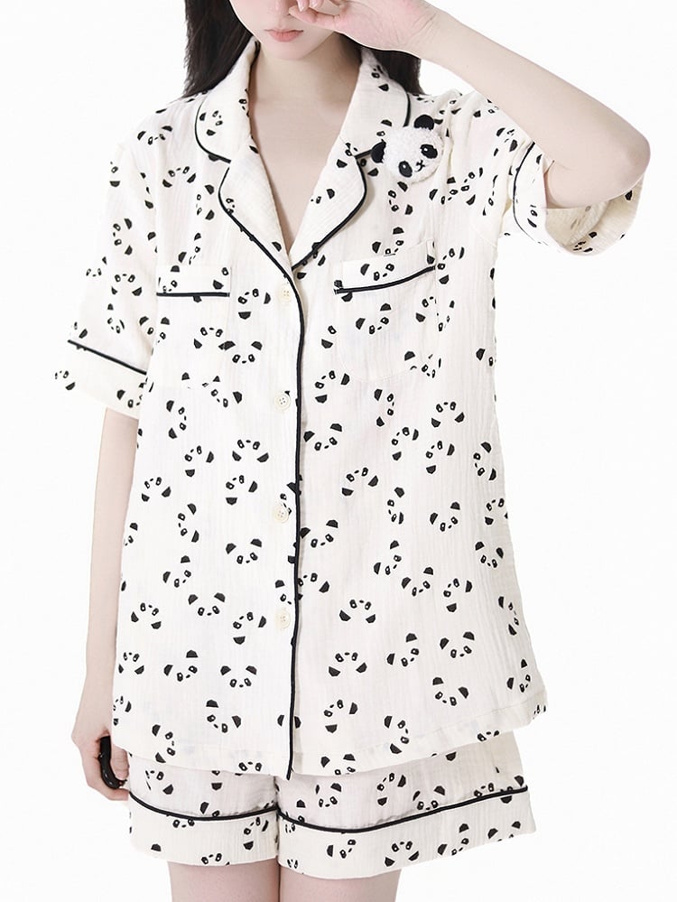 Collar + Allover Panda Print Shirt Shorts Beige Elastic Waist Edge Pajamas Set Scalloped