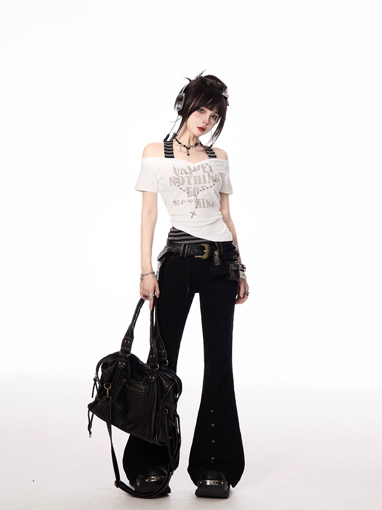 Striped Halter Neck T-shirt Gray White and Y2K Cross Necklace Print