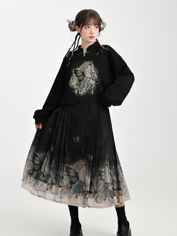 Banded Butterfly Print Sweatshirt Collar Style Cheongsam Black/Apricot