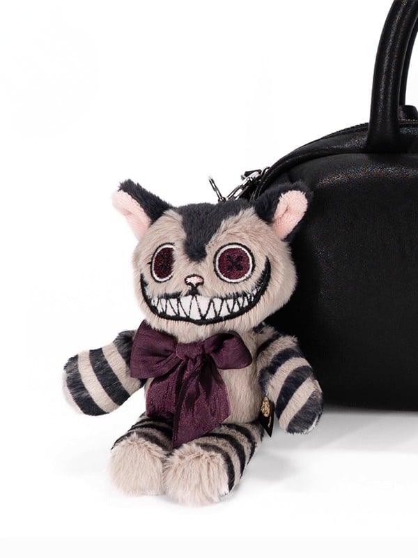with Cheshire Keychain Decorative Cat - Bow Plush Striped Brown Gray