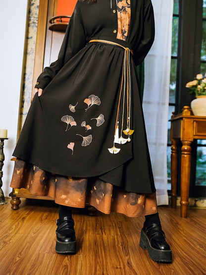 Cheongsam with Skirt Asymmetrical Layers Black Print Gothic Ginkgo Orange