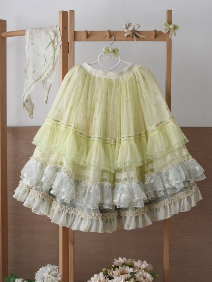 Klassischer zarter Rock mit mehrlagiger Schleife und Rüschen, grün, Lolita-Stickerei, klein