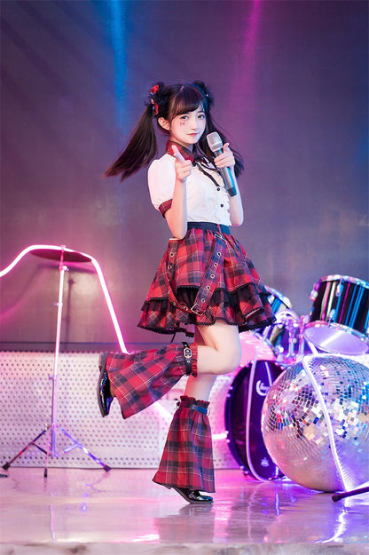 赤いチェック柄バックルストラップ太もも丈アイドルロリータスカート