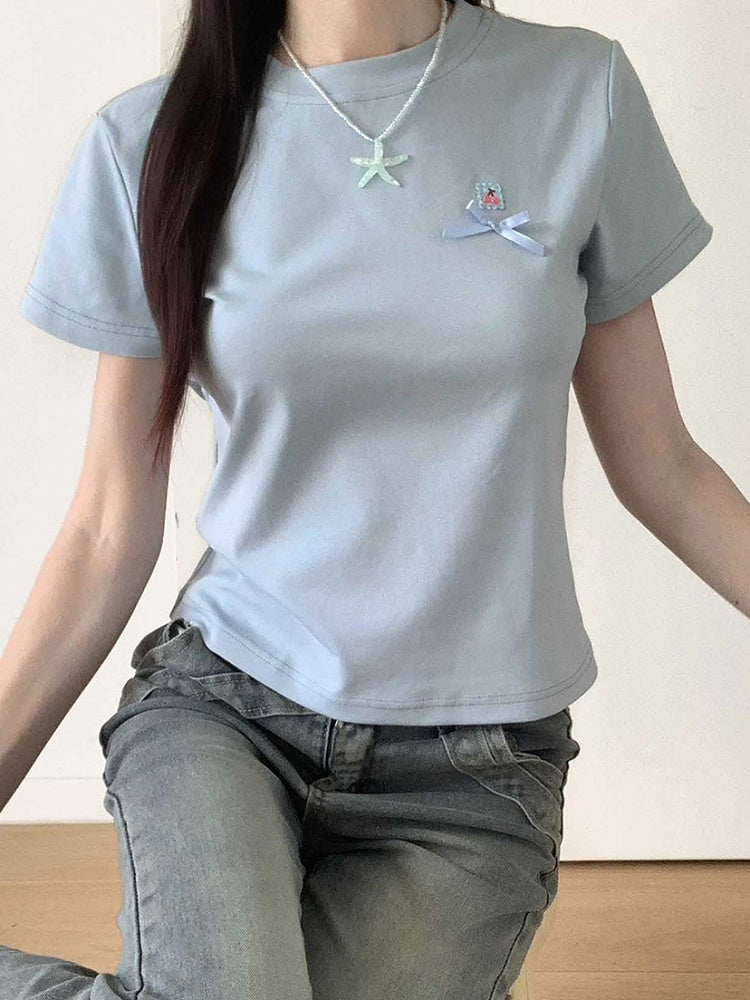 T-Shirt Rundhals Schleifendetail Blau