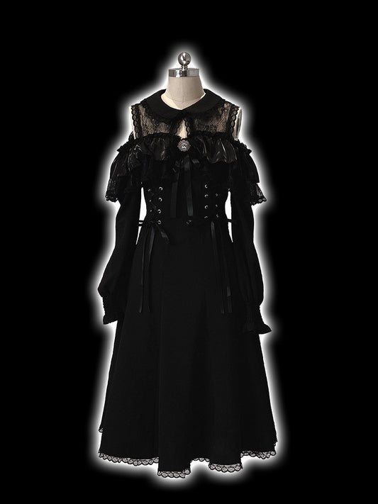 Black Version Jirai Lace Kei Dress Bow Long-Sleeve Long Rhinestone Shoulder Decor Cutout