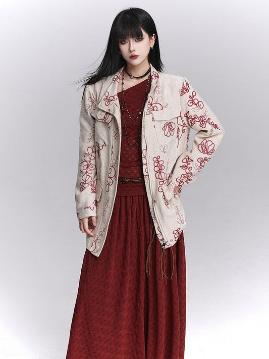 Red Apricot Embroidery Trench Flap Floral Linen Pockets Coat with Four