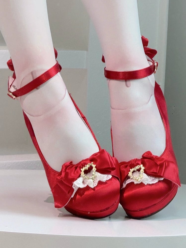 Heeled Bow Top Closure Satin Heart with Mary Trim Red - Lolita Janes Elegant Snap Lace